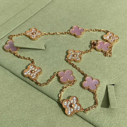 [baslovejewels]CLOVER 10 MOTIFS DIAMOND PINK MOP NECKLACE