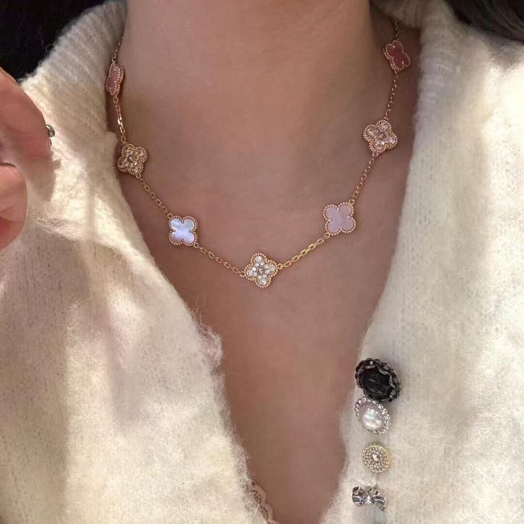 [baslovejewels]CLOVER 10 MOTIFS DIAMOND PINK MOP NECKLACE