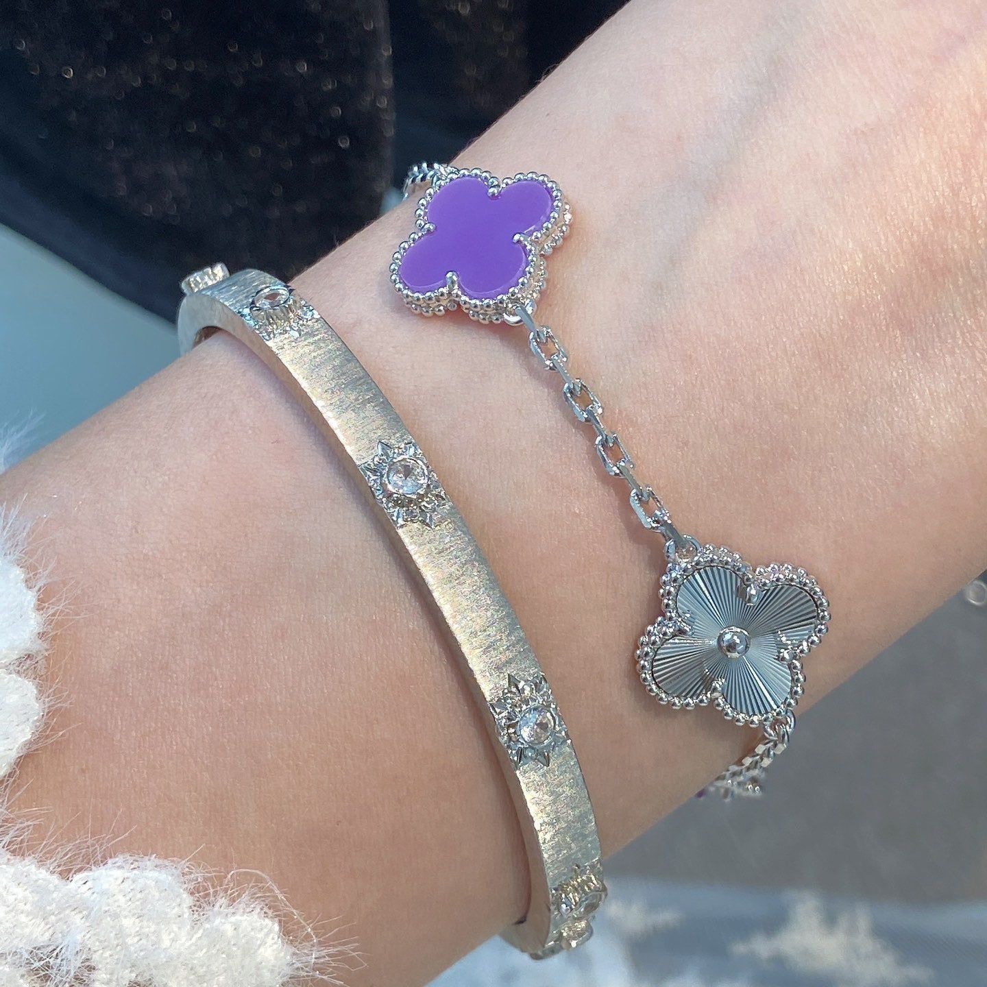 [baslovejewels]CLOVER  5 MOTIFS  PURPLE VIOLET BRACELET SILVER