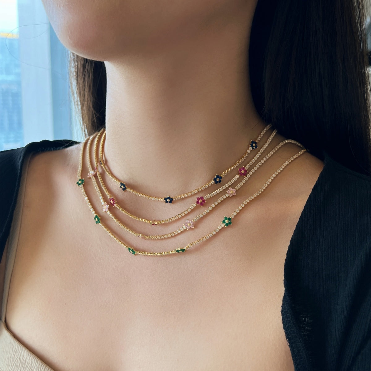 [baslovejewels]Luxurious Colorful Flower Tennis Necklace