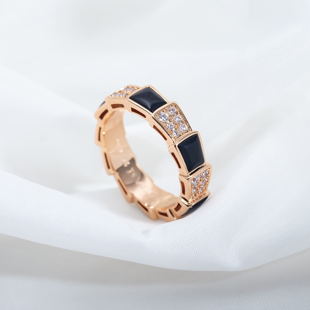 [baslovejewels]SERPENTI RING PINK GOLD BLACK MOP DIAMOND PAVED 4MM