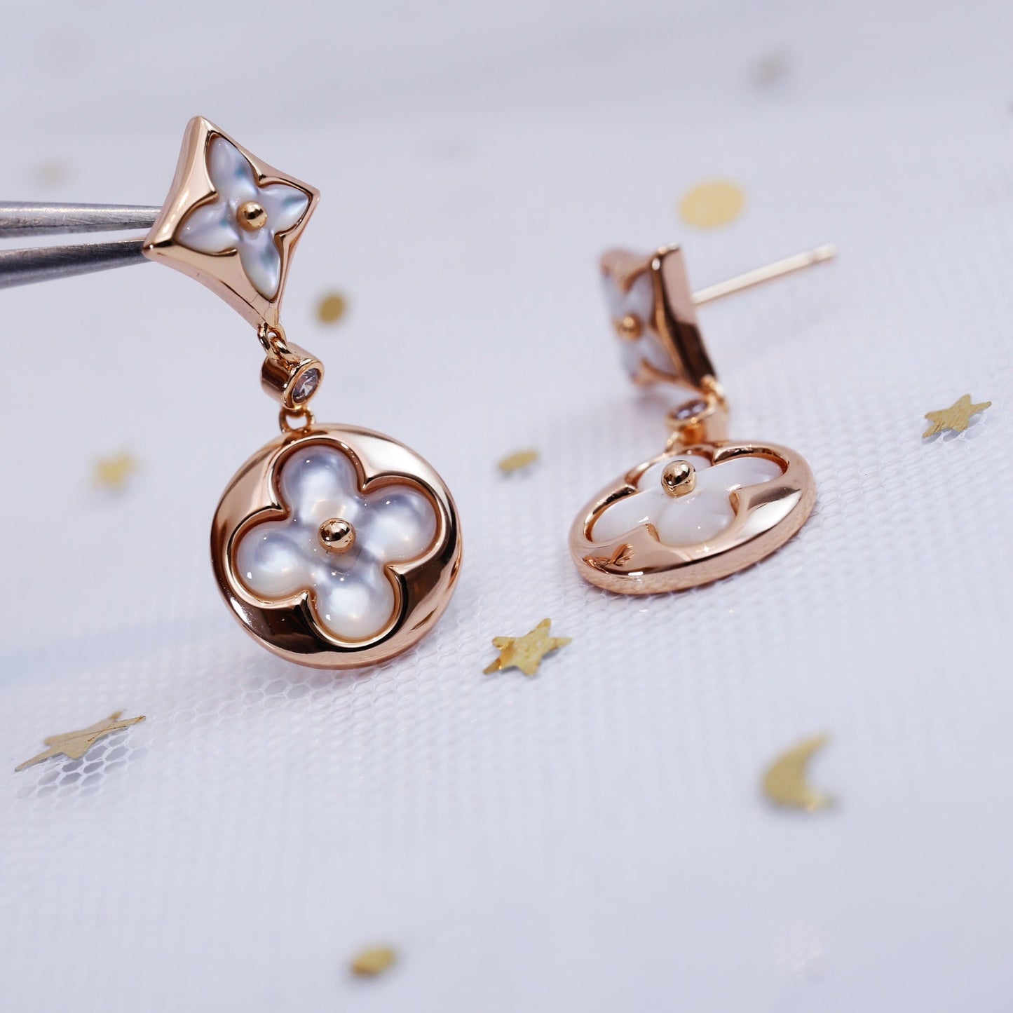 [baslovejewels]STAR AND SUN PINK GOLD MOP DROP EARRINGS