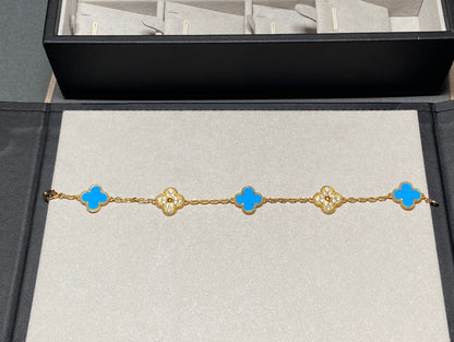[baslovejewels]CLOVER 5 MOTIF BLUE CHALCEDONY DIAMOND GOLD BRACELET