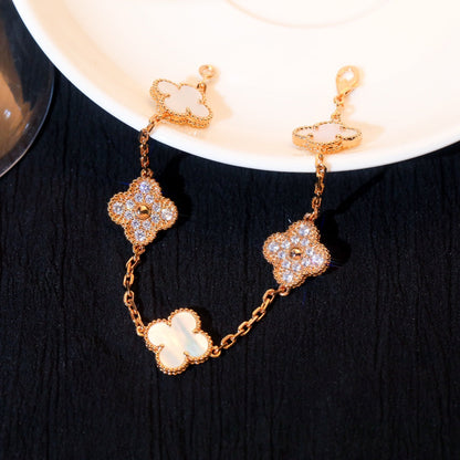 [baslovejewels]CLOVER BRACELET 5 MOTIF WHITE MOP DIAMOND