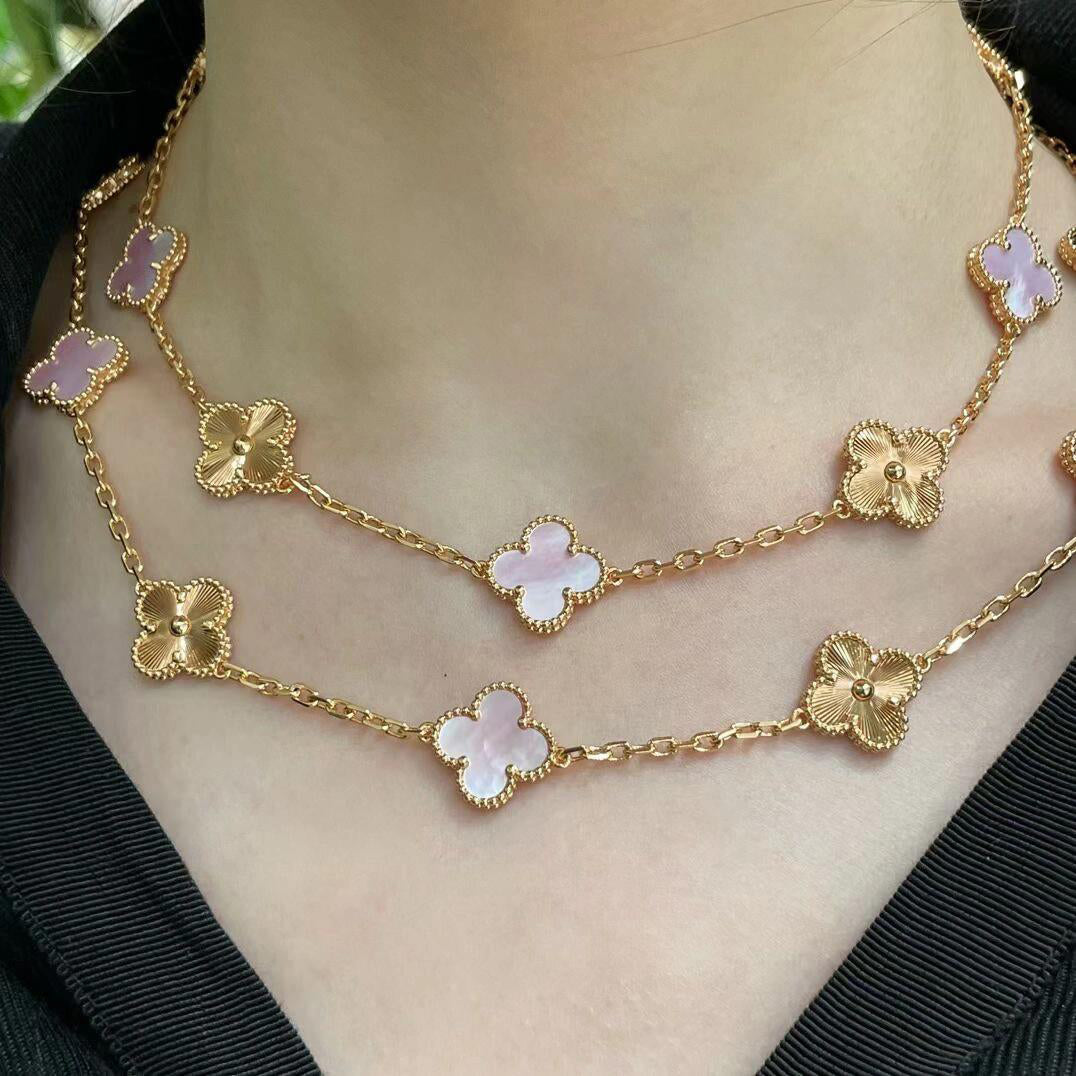 [baslovejewels]CLOVER 20 MOTIFS LASER PINK MOP NECKLACE