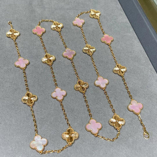 [baslovejewels]CLOVER 20 MOTIFS LASER PINK MOP NECKLACE