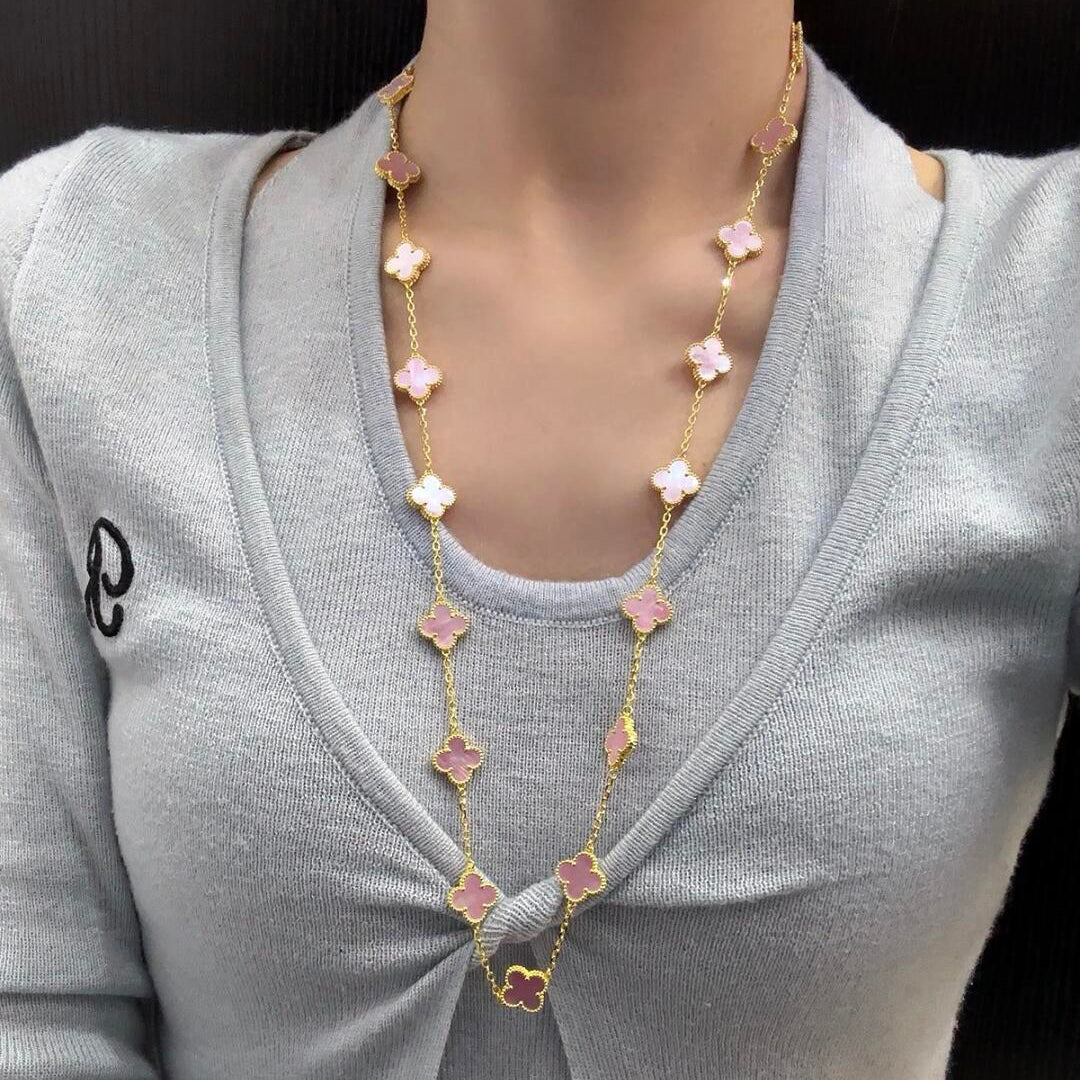 [baslovejewels]CLOVER 20 MOTIFS PINK MOP NECKLACE