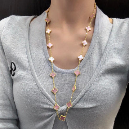 [baslovejewels]CLOVER 20 MOTIFS PINK MOP NECKLACE