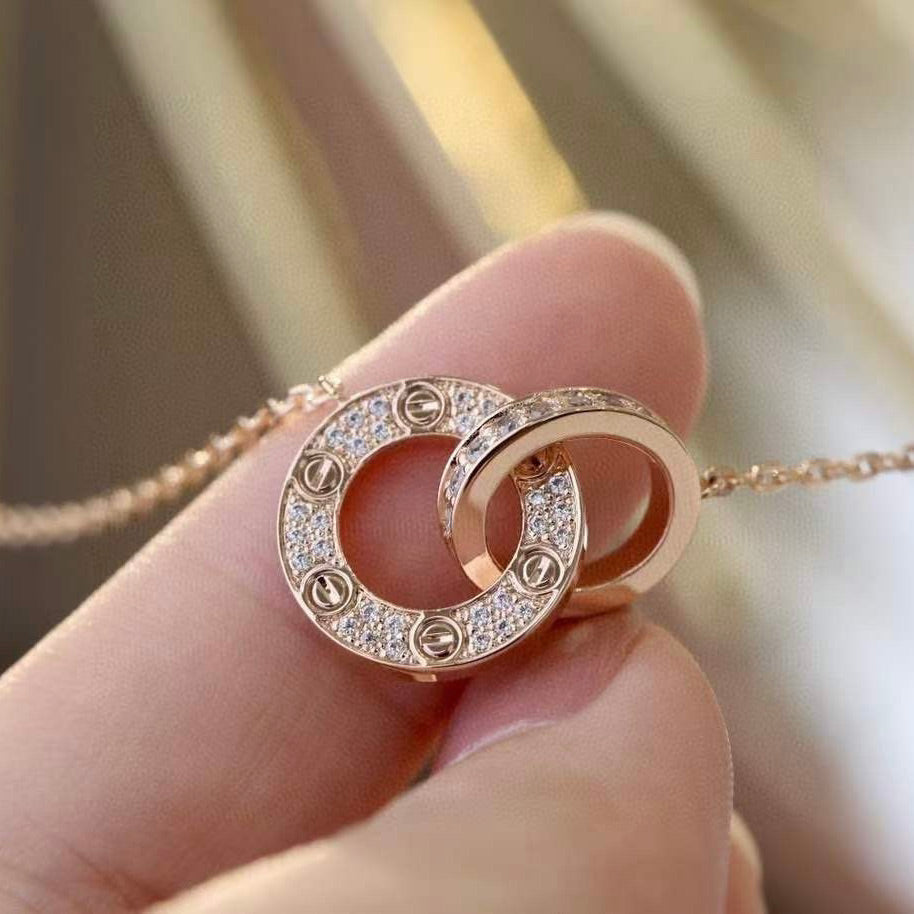 [baslovejewels]LOVE 7.6MM NECKLACE ROSE GOLD AND SILVER  FULL DIAMOND