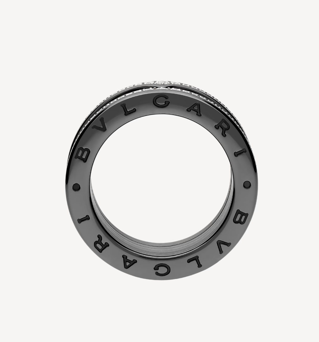 [baslovejewels]ZERO 1 ROCK FOUR-BAND BLACK CERAMIC WITH STUDDED SPIRAL AND PAVED DIAMONDS RING