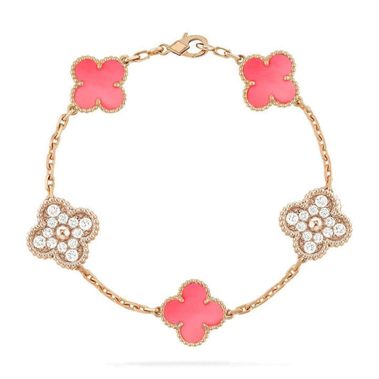 [baslovejewels]CLOVER 5 MOTIF DIAMOND PINK MOP PINK GOLD BRACELET