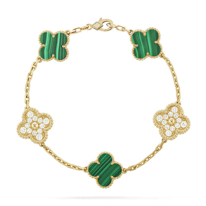 [baslovejewels]CLOVER  5 MOTIF MALACHITE DIAMOND BRACELET