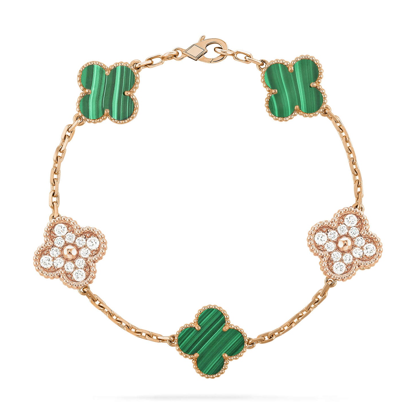 [baslovejewels]CLOVER  5 MOTIF MALACHITE DIAMOND BRACELET