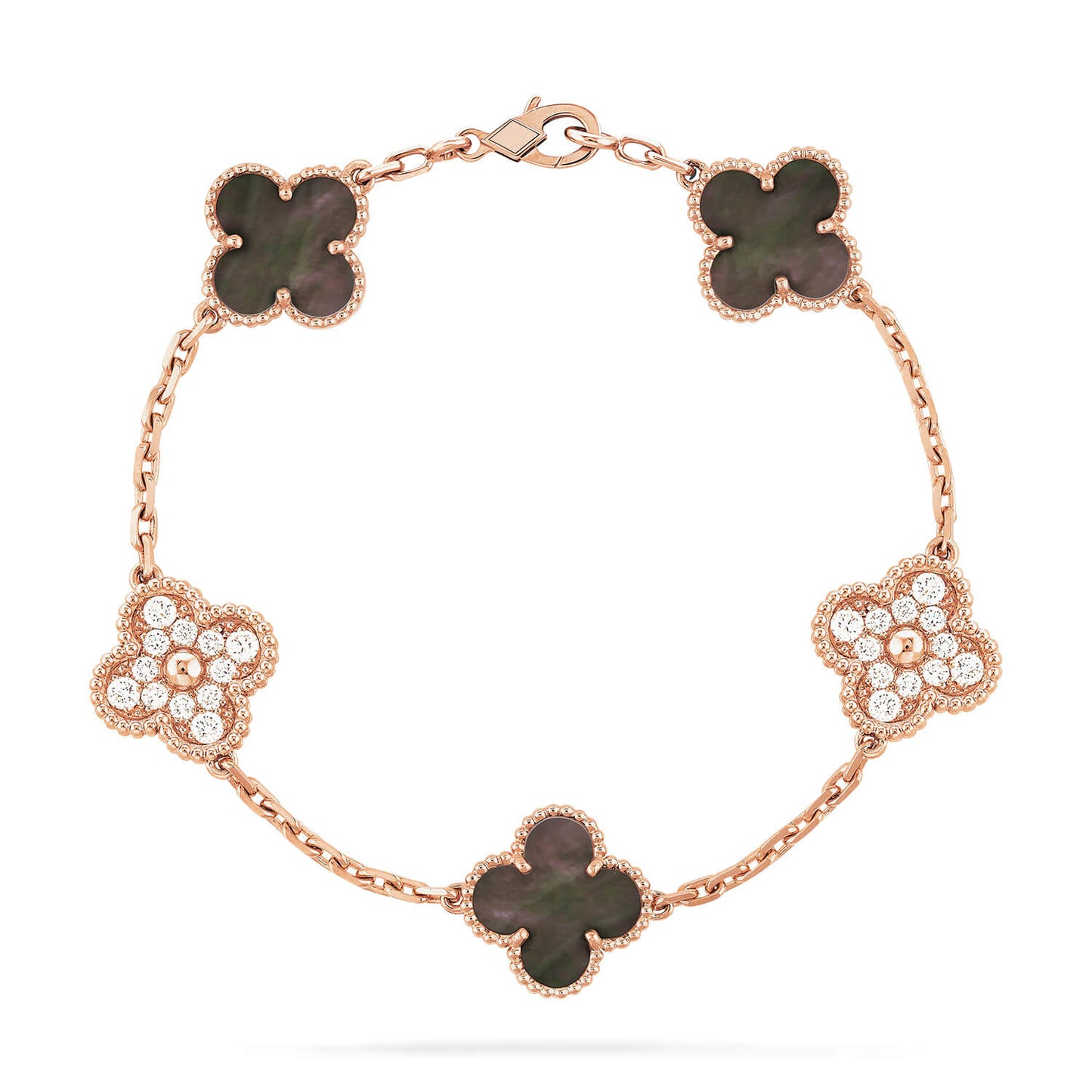 [baslovejewels]CLOVER 5 MOTIFS DARK MOP AND DIAMONDS PINK GOLD BRACELET