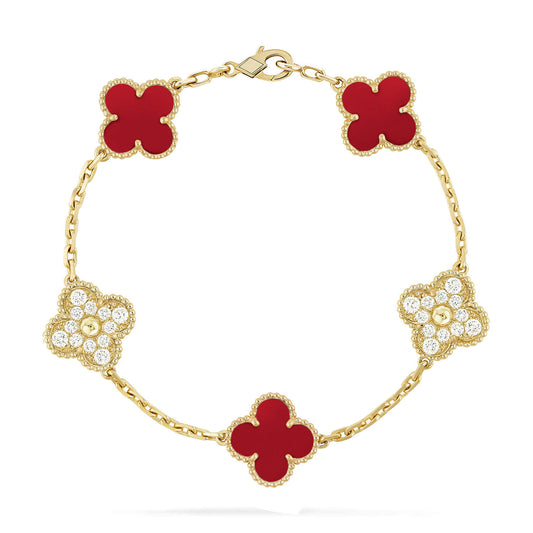 [baslovejewels]CLOVER 5 MOTIFS CARNELIAN DIAMOND BRACELET