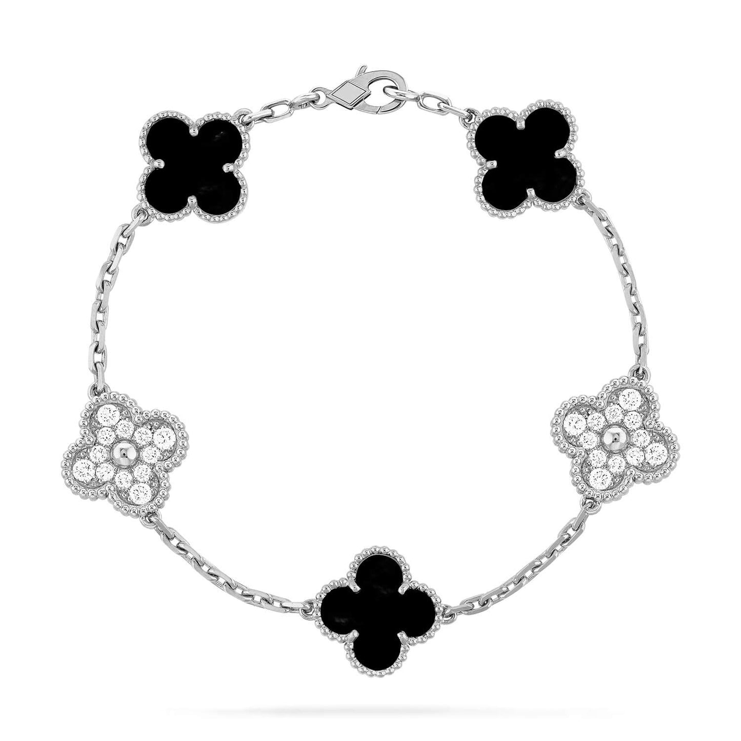 [baslovejewels]CLOVER 5 MOTIF ONYXS DIAMOND BRACELET SILVER