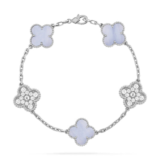 [baslovejewels]CLOVER  5 MOTIF DIAMOND PURPLE CHALCEDONY BRACELET SILVER