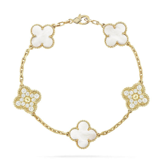 [baslovejewels]CLOVER BRACELET 5 MOTIF WHITE MOP DIAMOND