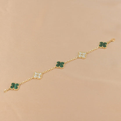[baslovejewels]CLOVER  5 MOTIF MALACHITE DIAMOND BRACELET