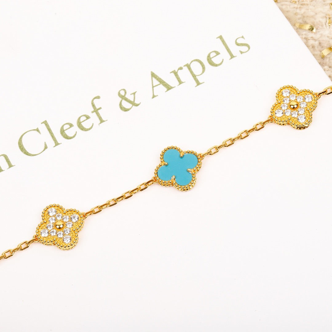 [baslovejewels]CLOVER 5 MOTIF TURQUOISE DIAMOND GOLD BRACELET