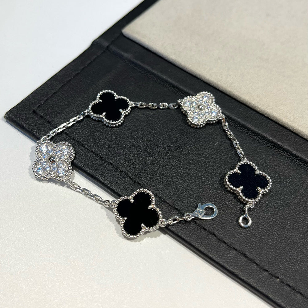 [baslovejewels]CLOVER 5 MOTIF ONYXS DIAMOND BRACELET SILVER