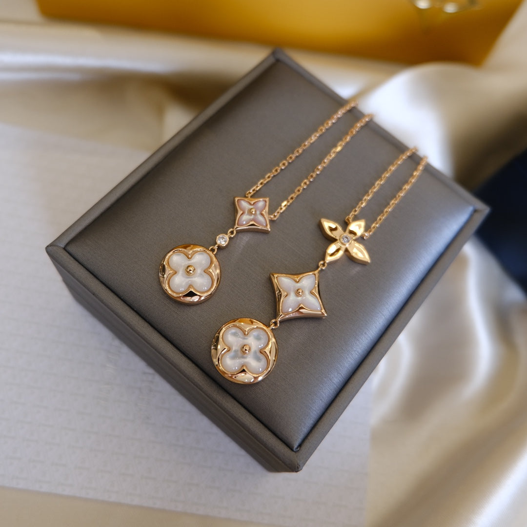 [baslovejewels]COLOR BLOSSOM LARIAT NECKLACE PINK GOLD WHITE MOTHER PEARL AND DIAMOND