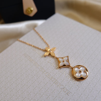 [baslovejewels]COLOR BLOSSOM LARIAT NECKLACE PINK GOLD WHITE MOTHER PEARL AND DIAMOND