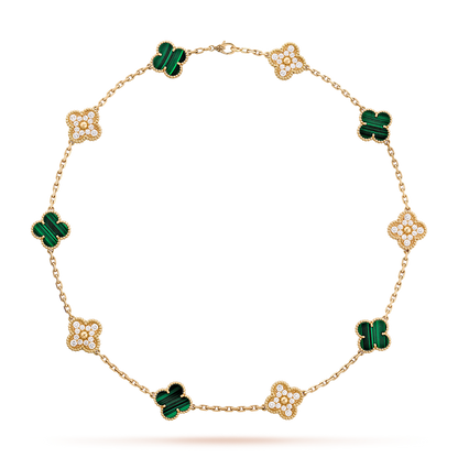 [baslovejewels]CLOVER 10 MOTIFS MALACHITE DIAMOND NECKLACE