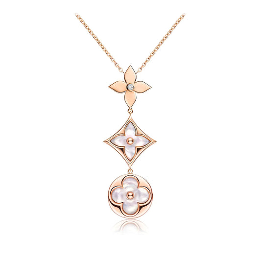 [baslovejewels]COLOR BLOSSOM LARIAT NECKLACE PINK GOLD WHITE MOTHER PEARL AND DIAMOND