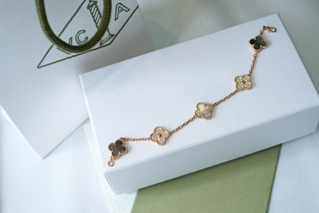 [baslovejewels]CLOVER 5 MOTIFS DARK MOP AND DIAMONDS PINK GOLD BRACELET
