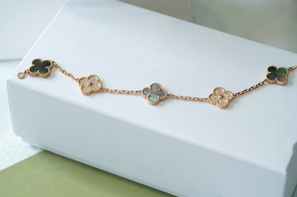 [baslovejewels]CLOVER 5 MOTIFS DARK MOP AND DIAMONDS PINK GOLD BRACELET